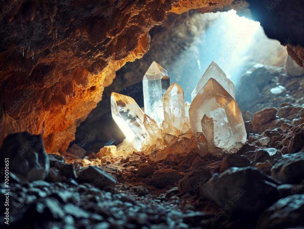 Poster fantasy scene with crystal in cave. 3d rendering, 3d illustration. generative ai