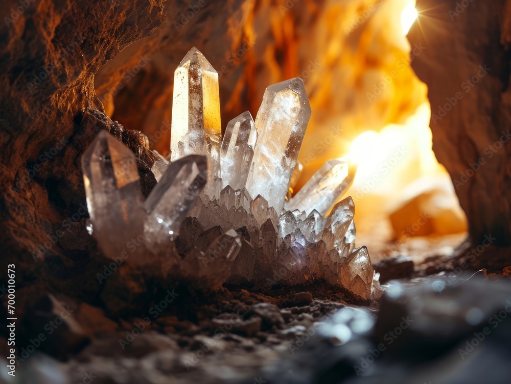 Poster a closeup shot of a crystal in a cave with fire on the background generative ai