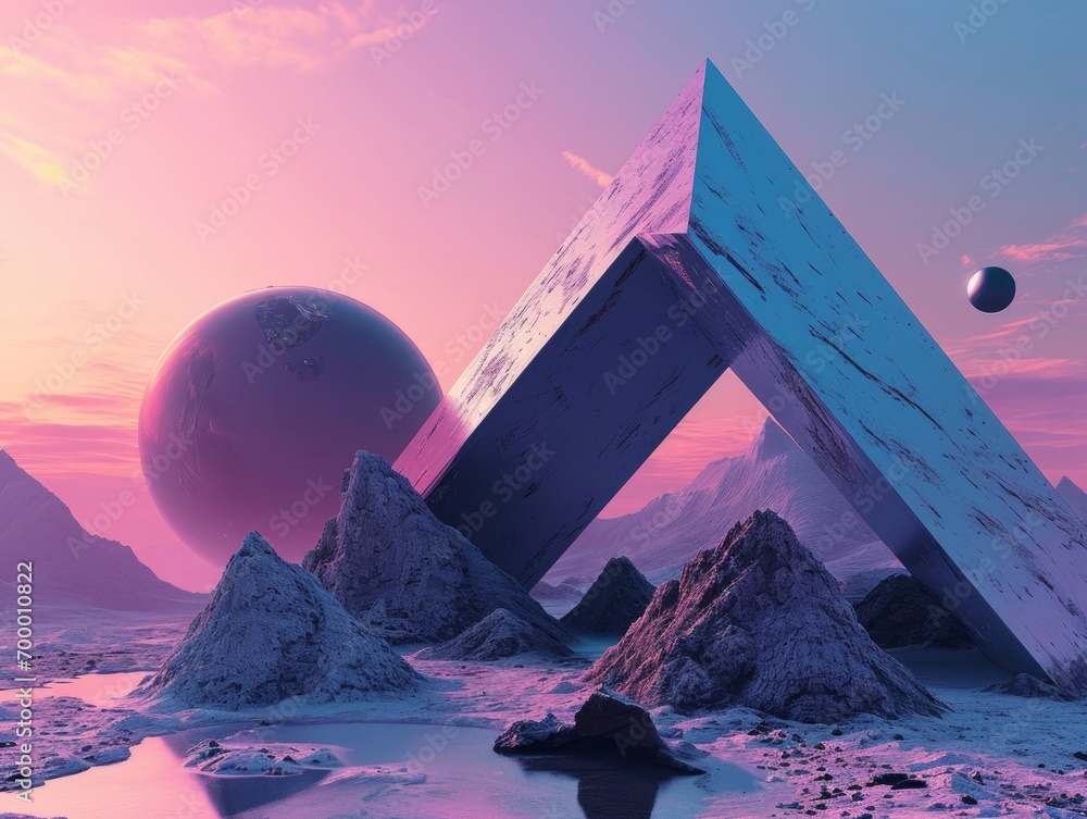 Poster 3d rendering of a fantasy landscape with planets and stars in the sky generative ai