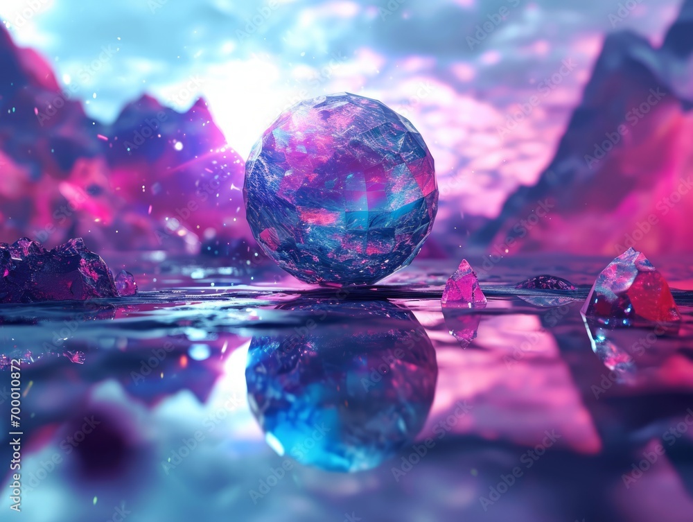 Aufkleber 3d illustration of an abstract background with a planet and crystals. generative ai