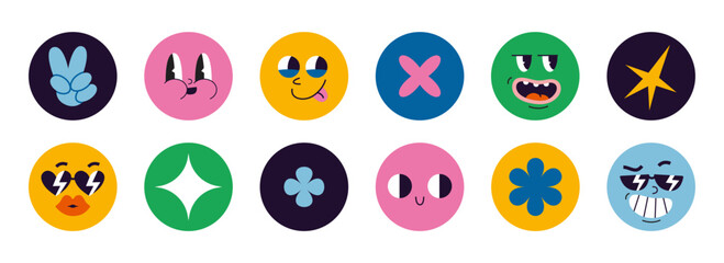 Set of various round bright colorful icons with groovy face and abstract shapes, cartoon style. Trendy modern vector illustration, hand drawn, flat design. Highlight stories covers for social media - obrazy, fototapety, plakaty