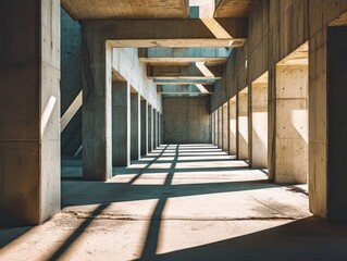 Architectural detail of modern architecture, concrete corridor with sunlight. Generative AI