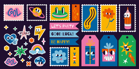 Cool set with cute groovy characters and holiday attributes, cartoon style. Labels, tags, postage stamps and stickers for party decoration. Trendy vector illustration, flat design