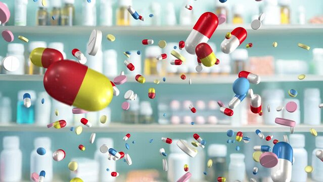 Pills and capsules falling loop. 3D animation with AI generated background of pill bottles and packets on pharmacy shelves. Medicine, medical, pharmaceuticals.