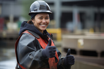 Fototapeta na wymiar female construction worker thumbs up bokeh style background