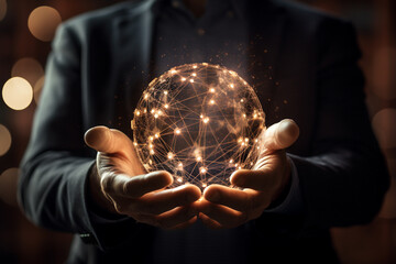 a man holding digital golden circle bokeh style background