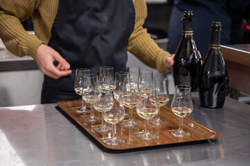 Many small tasting glasses of sparkling wine champagne on winter festival in December, Avenue de Champagne, Epernay, Champagne region, France