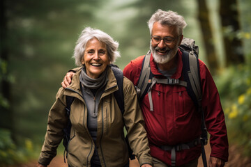 Obraz premium old couple hiking in the forest bokeh style background