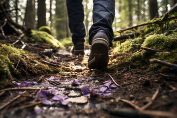 close up of hiker's shoes walking in the forest bokeh style background