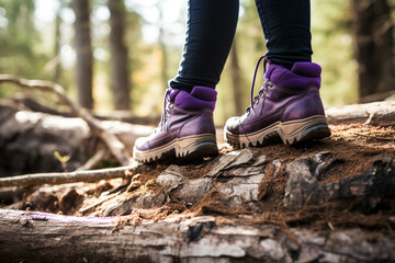 close up of hiker's shoes walking in the forest bokeh style background - obrazy, fototapety, plakaty