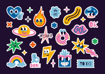 Fototapeta premium Set of stickers for planner and diaries, vector flat illustration. Comic groovy characters such as heart, emoji and stars in space, cartoon trendy image. 70s funny cute retro sticker pack