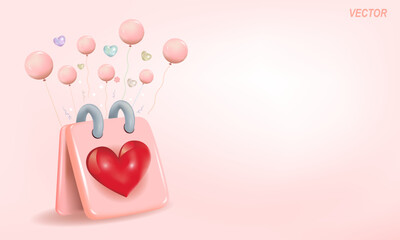 Valentine's Day greetings. A festive banner. Pink background, calendar, balloons, heart. A vector image. A place to copy.