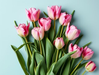 Fototapeta premium Bouquet of pink tulips on blue background. Flat lay, top view Generative AI