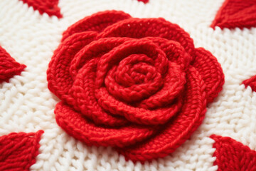 Obraz na płótnie Canvas Close-up photo of a flat-knitted woolen piece with a white background, featuring a red rose pattern as part of the knitting scheme