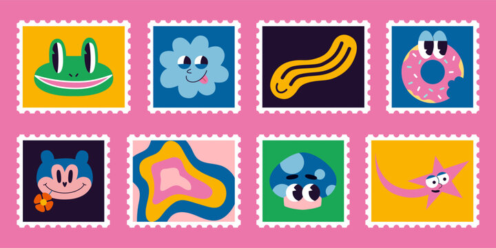 Set of cute hand-drawn post stamps with comic groovy characters such as frog, mushroom, donut and star. Trendy modern vector illustartions in Cartoon style, flat design. 70s funny retro vibes