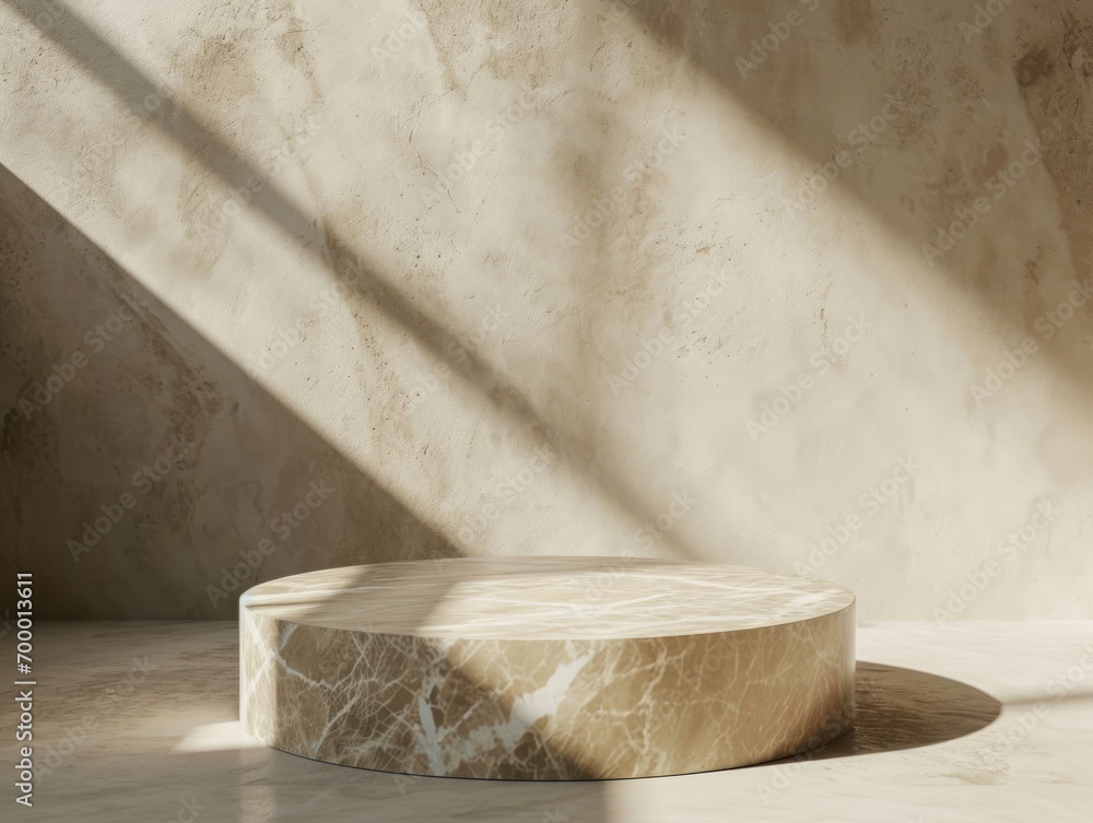 Poster abstract scene with marble pedestal and shadows on concrete wall. 3d render generative ai