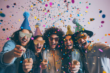Close up group of people wearing party hats and glitter clothes and glitter party glasses on a pastel background with confetti, party