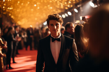 a male celebrity walking the red carpet bokeh style background