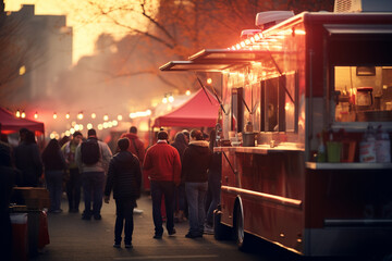 people standing around the food truck street food bokeh style background