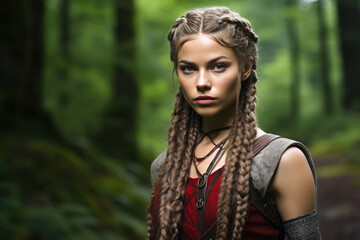 A young Viking huntress, in her late 20s, with her hair in a functional, tight fishtail braid, and minimalistic, yet symbolic, grey and red face paint. She stands in a lush green forest