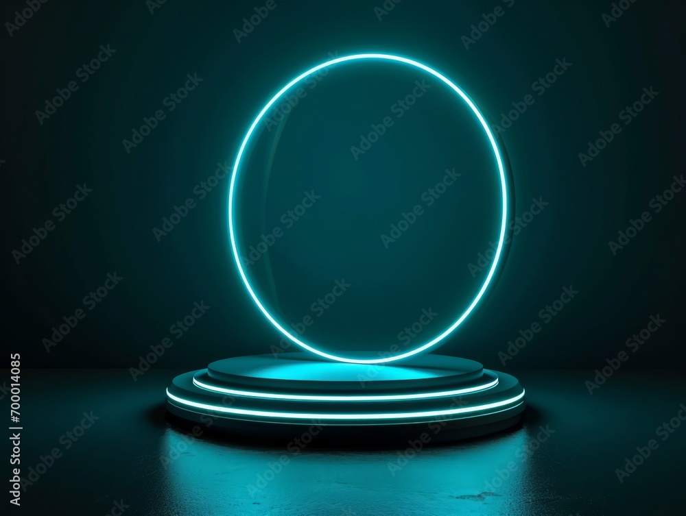 Poster glowing neon round podium on a dark background. 3d rendering generative ai