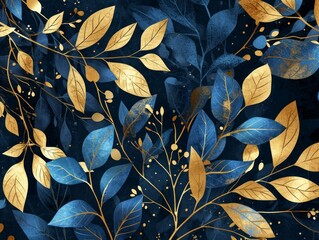 Seamless pattern with gold leaves on dark blue background. illustration. Generative AI