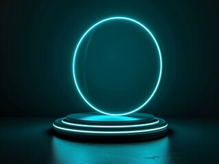 Glowing neon round podium on a dark background. 3d rendering Generative AI