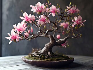 Bonsai tree with pink magnolia flowers on a dark background Generative AI