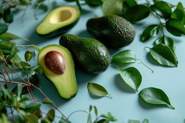 A Clean and Modern Background featuring Avocados symbolizing Health and Wellness - Minimalist Props and a Soothing Color Palette - Food Backdrop for Advertising created with Generative AI Technology