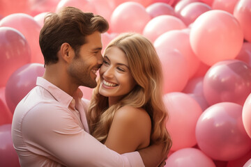 a couple hugging in front of many pink balloons