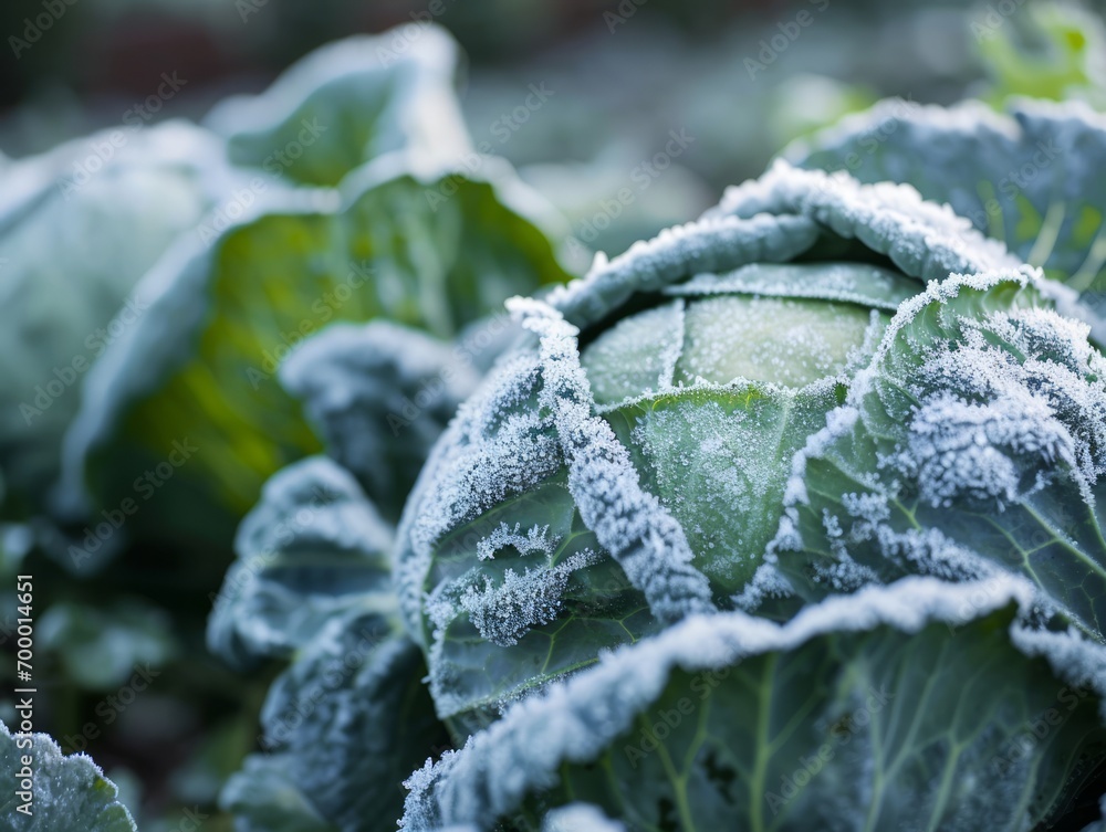 Poster cabbage covered with hoarfrost. selective focus. shallow depth of field. generative ai