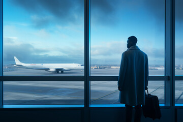 a male passenger standing at the airport - obrazy, fototapety, plakaty