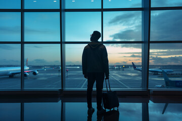 a male passenger standing at the airport bokeh style background - obrazy, fototapety, plakaty