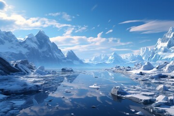 Fototapeta na wymiar Subtle Panoramic Arctic Landscape with Icy Pastel Tints, isolated on Frosty Blue background, Generative AI