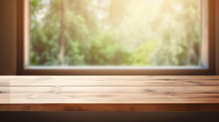 Wooden dining table blurred window