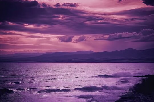 scene magical fantasy fantastic design space landscape toned beautiful horizon mountains dramatic sea clouds sky sunset purple