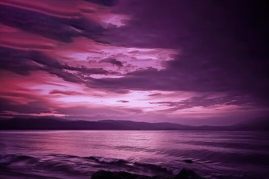 header website panoramic wide banner web scene magical fantasy design space landscape toned beautiful horizon mountains dramatic sea clouds sky sunset purple
