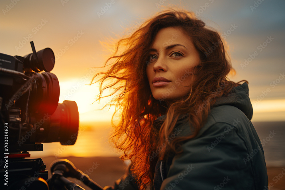 Poster a camerawoman with a camera filming in front of sunset bokeh style background