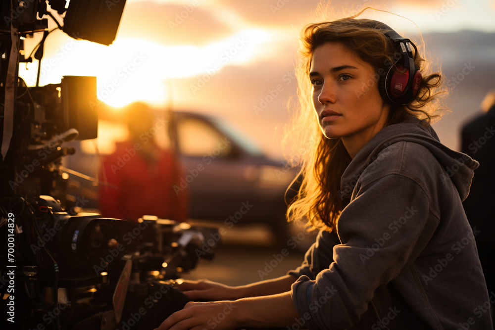 Poster a camerawoman with a camera filming in front of sunset bokeh style background