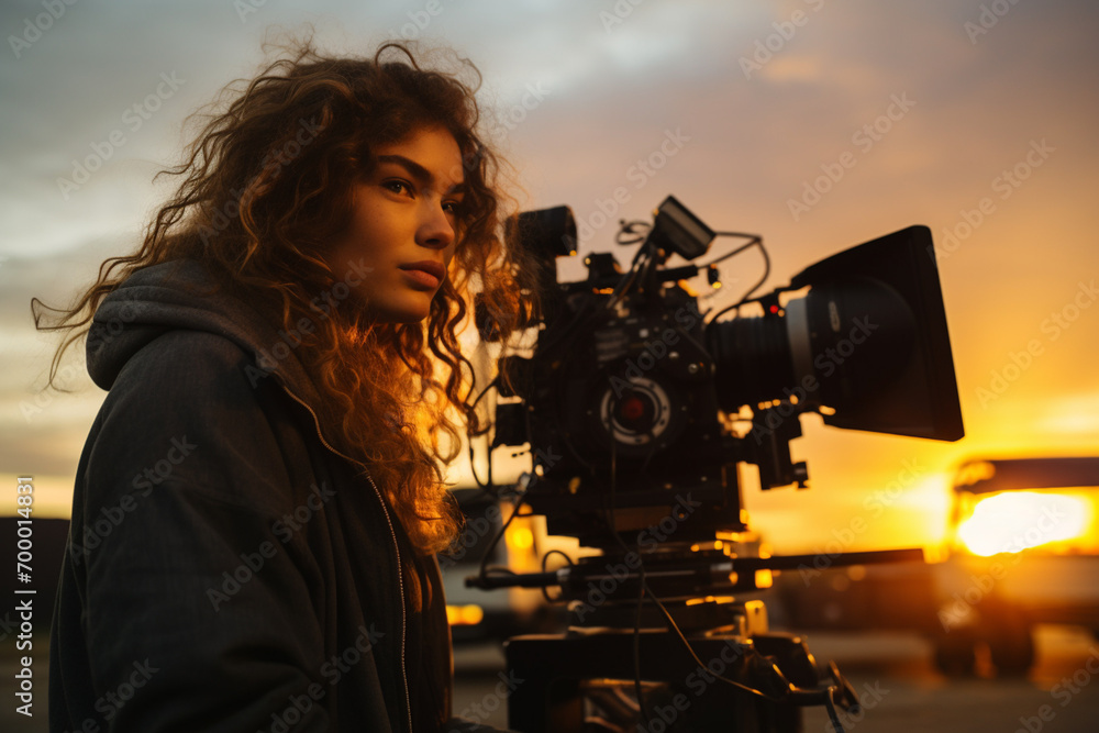 Poster a camerawoman with a camera filming in front of sunset bokeh style background