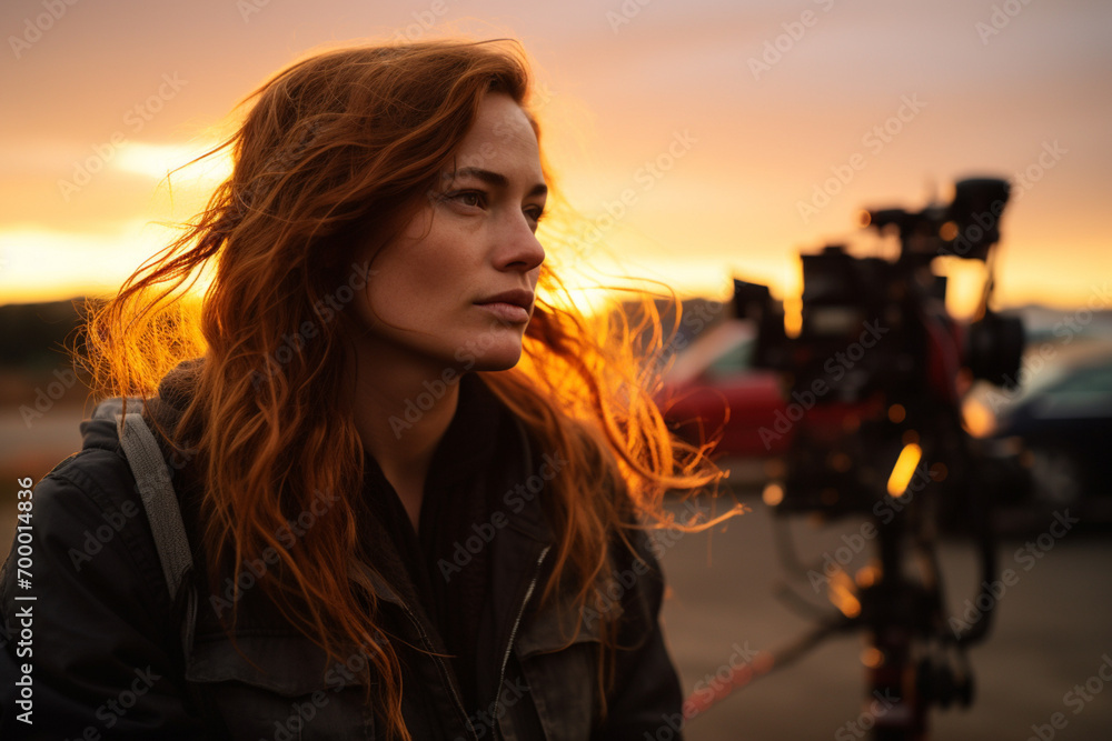 Poster a camerawoman with a camera filming in front of sunset bokeh style background