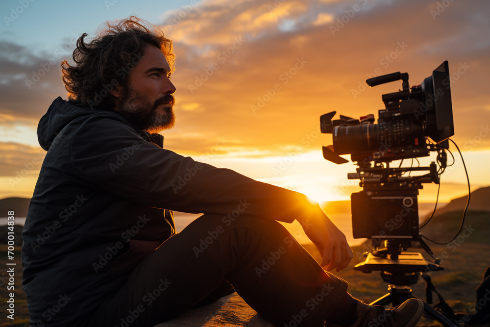 Poster a cameraman with a camera filming in front of sunset bokeh style background