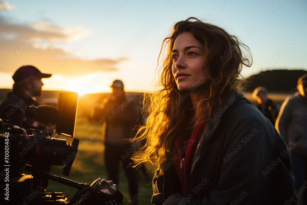 Poster a camerawoman with a camera filming in front of sunset bokeh style background