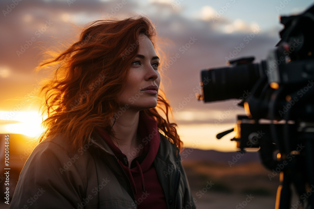 Poster a camerawoman with a camera filming in front of sunset bokeh style background