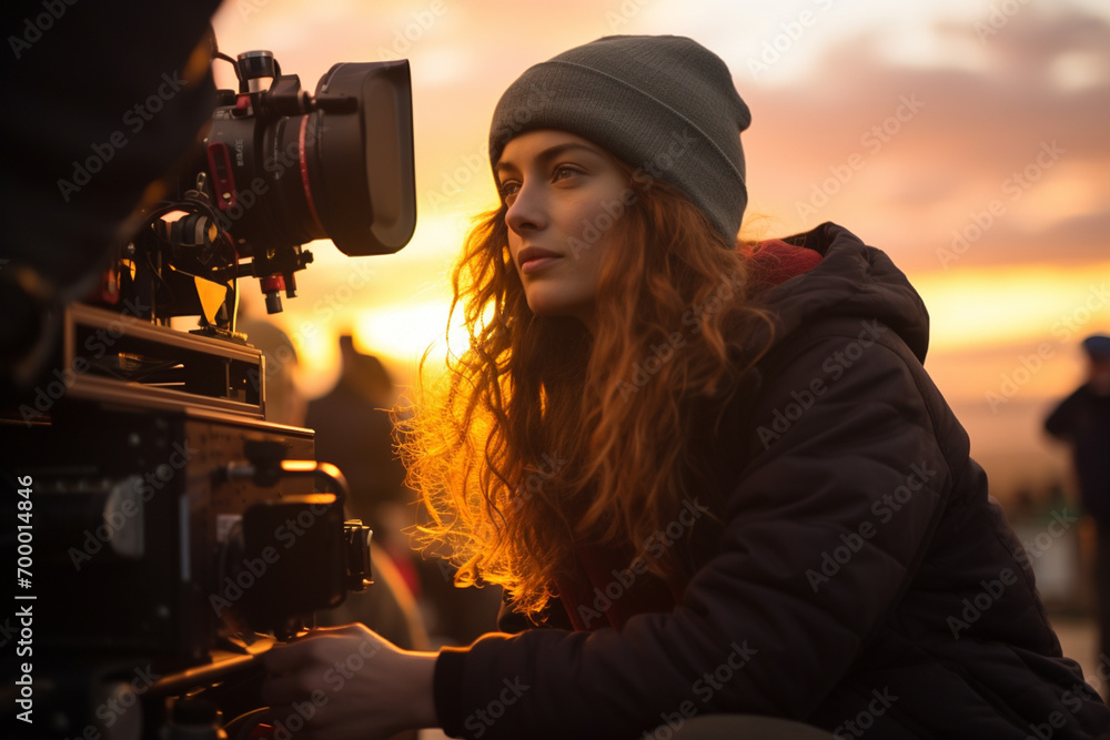 Poster a camerawoman with a camera filming in front of sunset bokeh style background