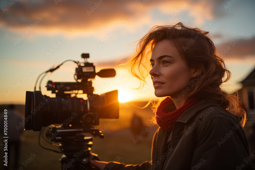 Poster a camerawoman with a camera filming in front of sunset bokeh style background