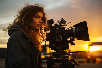 a camerawoman with a camera filming in front of sunset bokeh style background