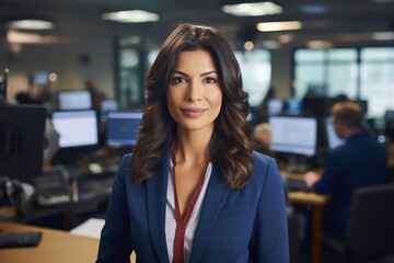 a female news reporter working in the studio bokeh style background