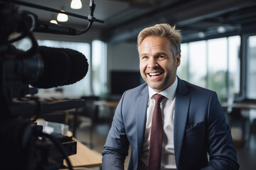 a male news reporter working in the studio bokeh style background - obrazy, fototapety, plakaty