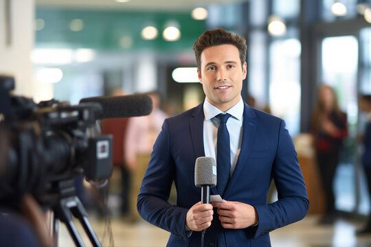 a male news reporter working in the studio bokeh style background